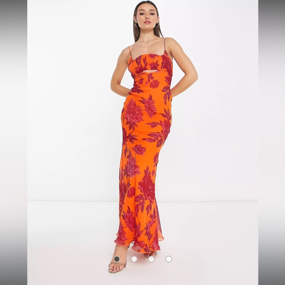 ASOS DESIGN ruched bust cut-out bias maxi dress in orange floral print